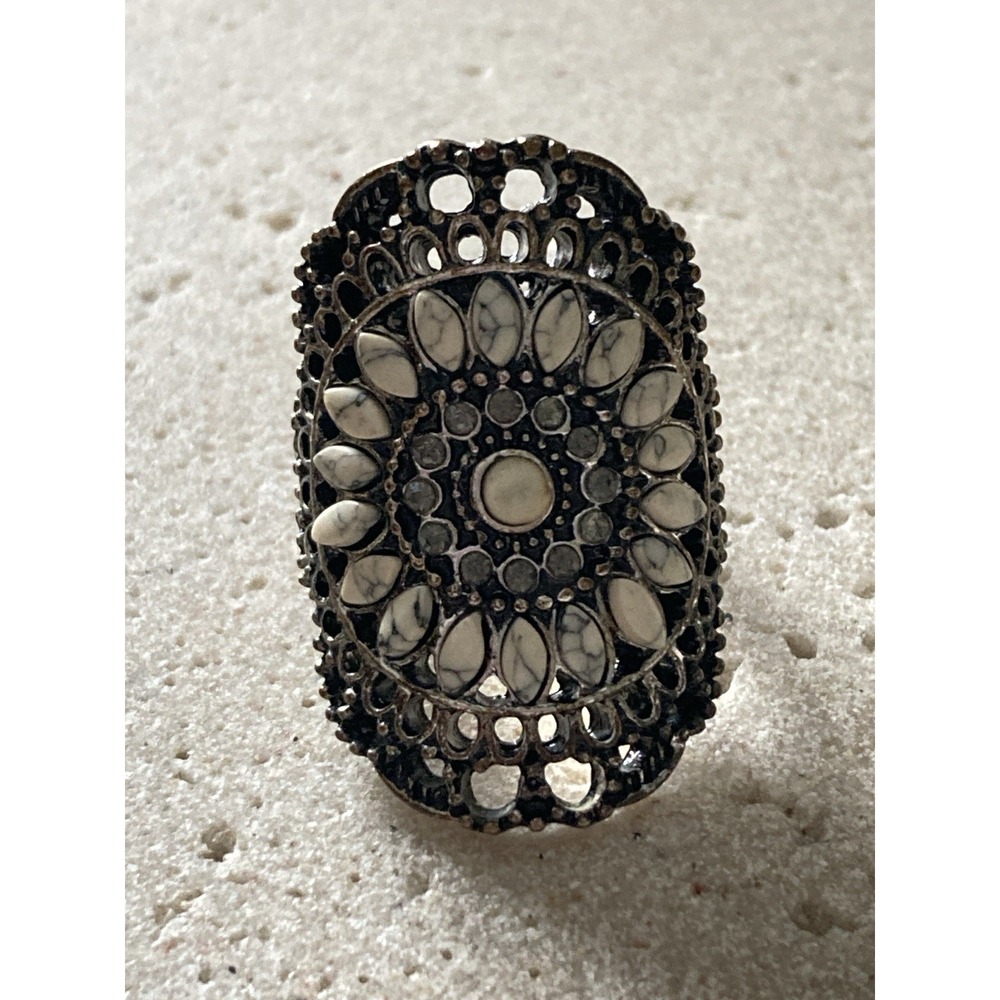 Boho Filigree Statement Ring Size 8 Silver Tone Large Cocktail Faux Cream Stones